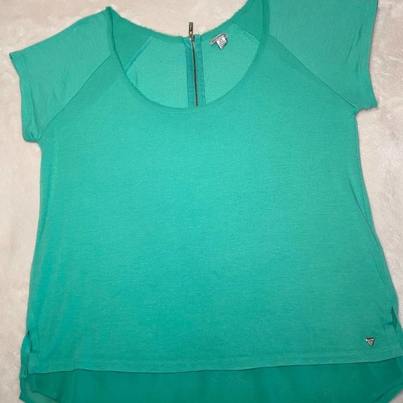 Guess Teal Top Blouse Zipper Closure On Back, Size Large LINEN Bottom* - Picture 2 of 8